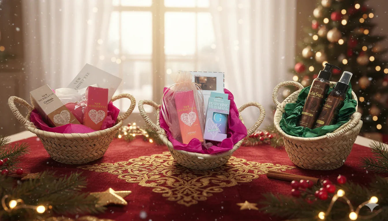 Cabazes de Natal com produtos de beleza e cosméticos em cesta de palha decorada com fundo natalino