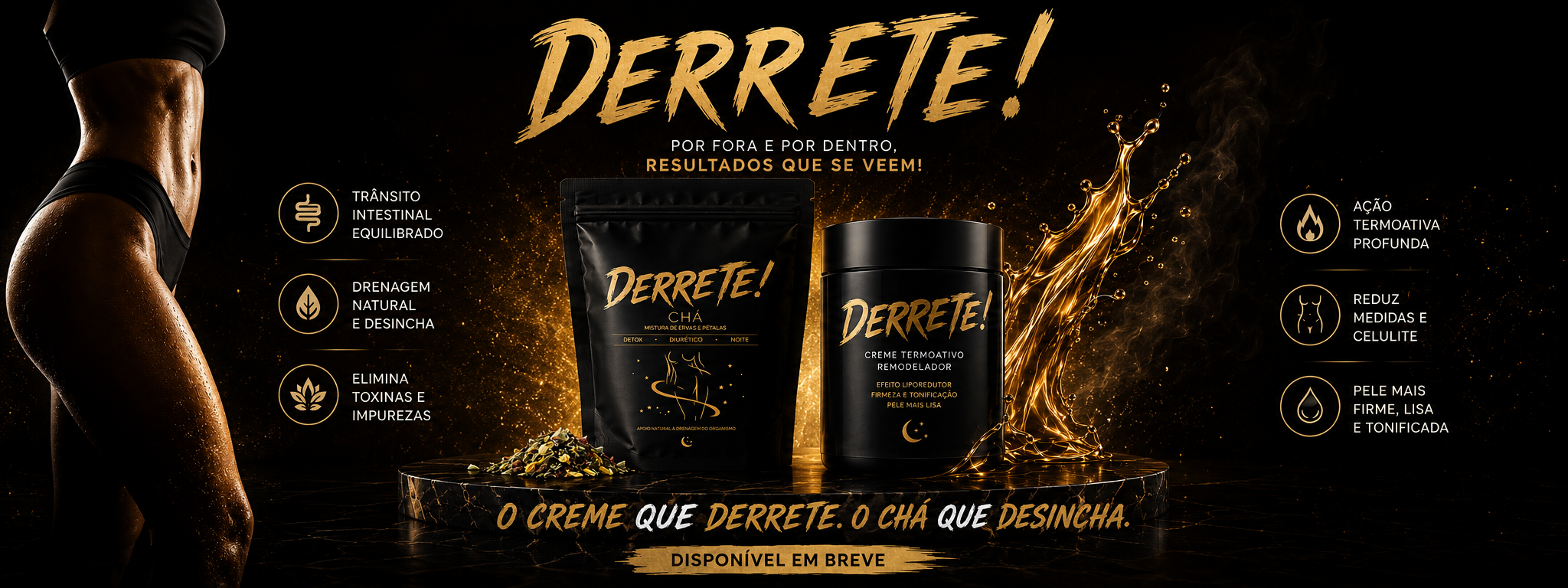 Banner promocional do Chá Derrete New Silhouette e Creme Derrete, protocolo MLOVE de cuidado corporal por dentro e por fora, com foco em bem-estar digestivo, drenagem, conforto e sensação de leveza