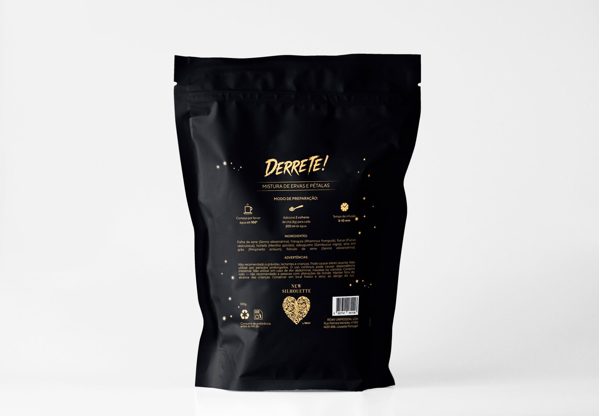 Embalagem Chá Derrete New Silhouette com modo de preparação e ingredientes