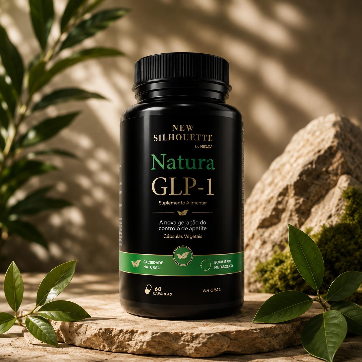 Frasco Natura GLP-1 New Silhouette, suplemento alimentar natural em cápsulas para apoio ao controlo do apetite, saciedade e equilíbrio metabólico.